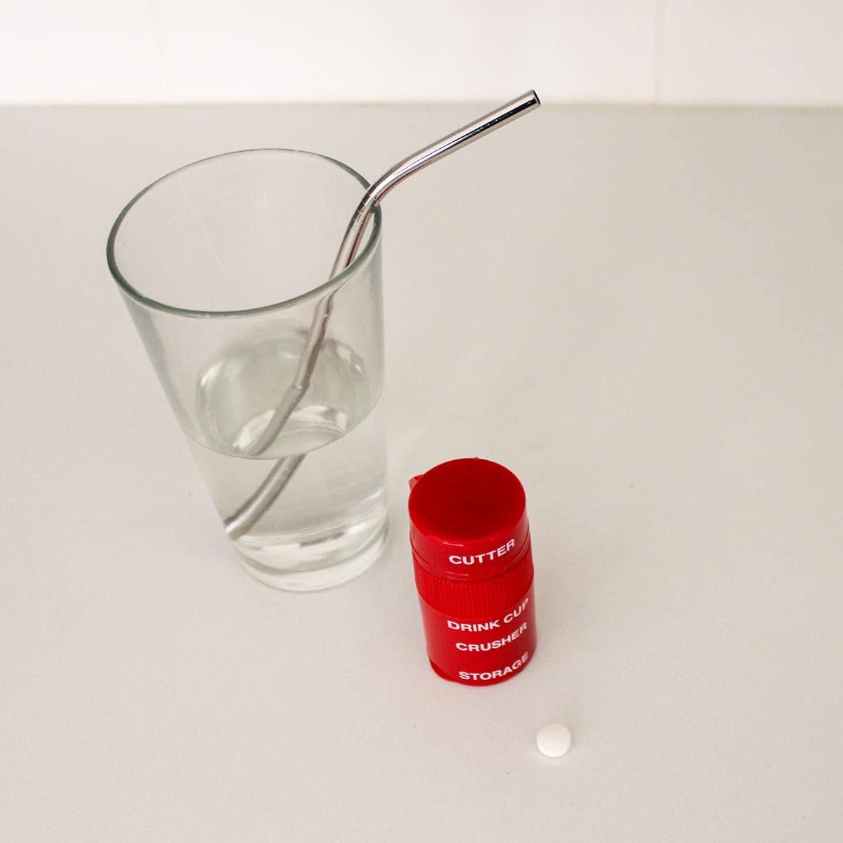 Ezy Dose Pill Crusher, Cutter and Grinder, Crushes Pills, Vitamins, Tablets, Stainless Steel Blade, Removable Drinking Cup, Red