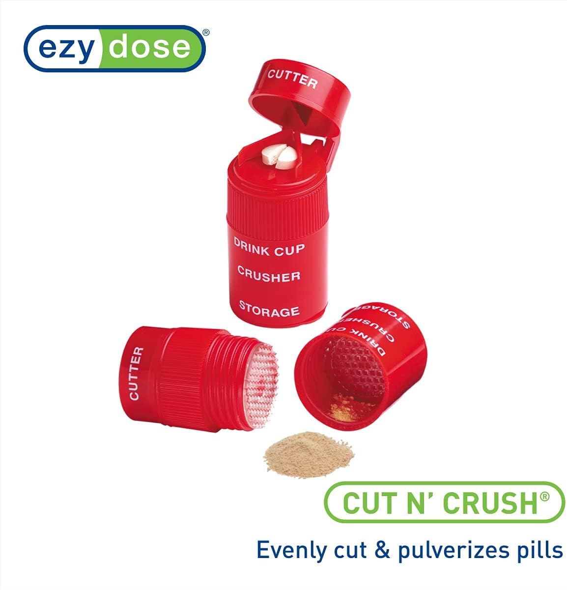 Ezy Dose Pill Crusher, Cutter and Grinder, Crushes Pills, Vitamins, Tablets, Stainless Steel Blade, Removable Drinking Cup, Red