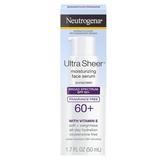 Neutrogena Ultra Sheer Moisturizing Face Serum with Vitamin E & SPF 60+, All Day Facial Sunscreen Serum with Broad Spectrum UVA/UVB Protection, Fragrance-Free, Oxybenzone-Free, 1.7 oz