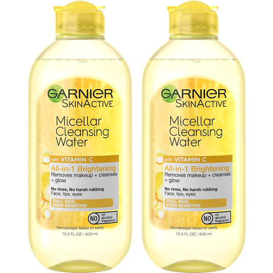 Garnier SkinActive Micellar Water with Vitamin C, Facial Cleanser & Makeup Remover, 13.5 Fl Oz (400mL), 2 Count (Packaging May Vary)