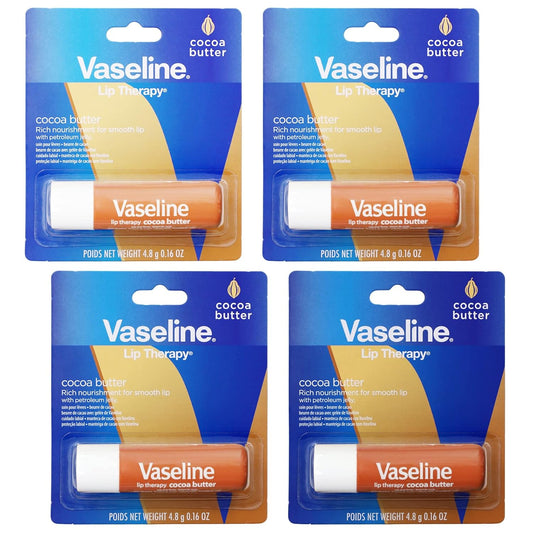 Vaseline Lip Therapy Care Cocoa Butter, Fast-Acting Nourishment, Ideal for Chapped, Dry, Cracked, or Damaged Lips, Lip Balm, 4-Pack, 0.16 Oz Each