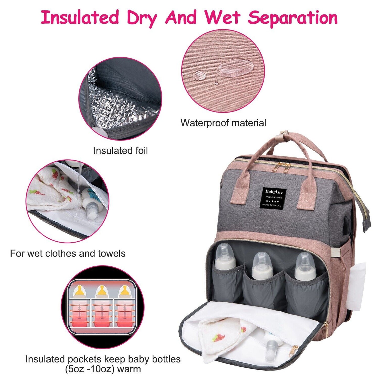 3-in-1 Baby Diaper Bag Backpack with Changing Station Portable Mommy Travel Bag