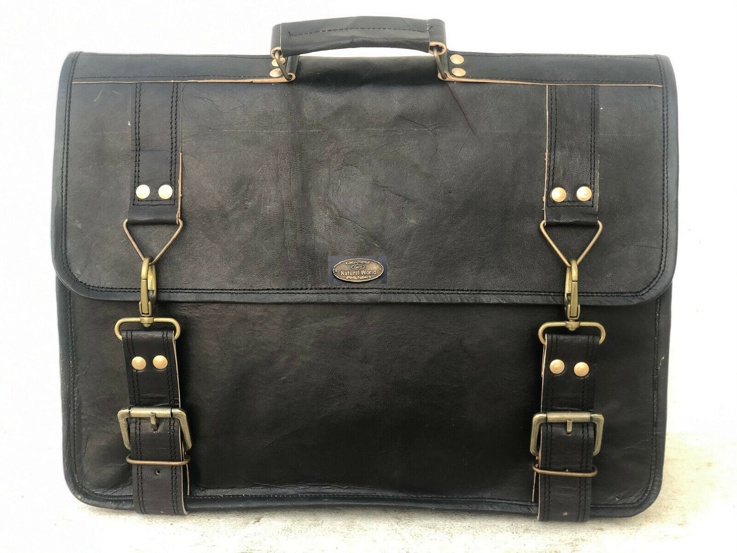 18" Black Leather Messenger Men Shoulder Laptop Satchel Briefcase Vintage Bag