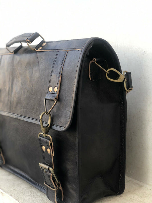 18" Black Leather Messenger Men Shoulder Laptop Satchel Briefcase Vintage Bag